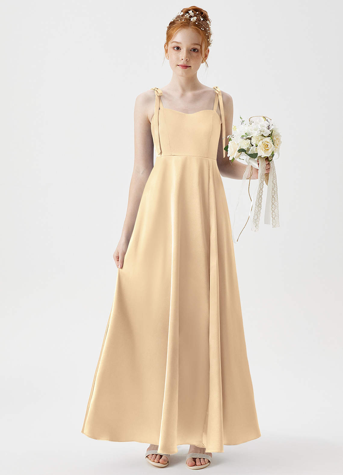 Azazie Rosey Junior A-Linie Herzausschnitt Metallischer Satin Kleid Gold image1