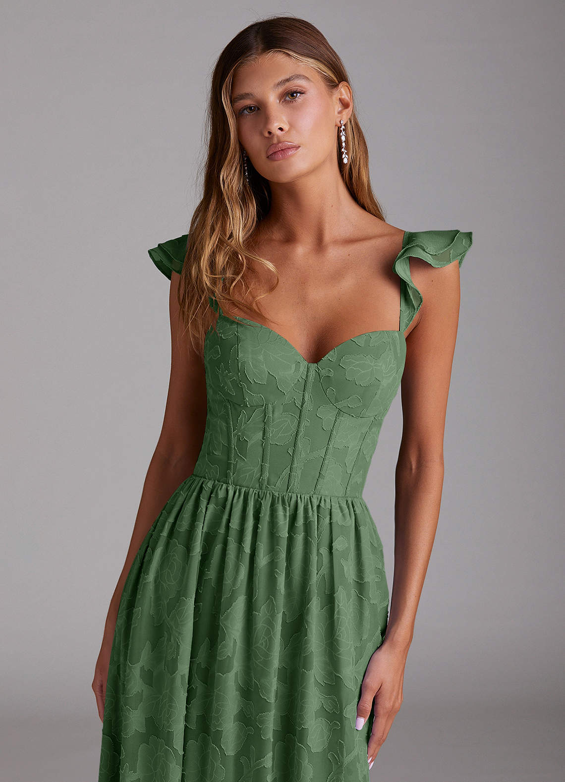 Azazie Denisse Bridesmaid Dresses Eucalyptus A-Line Ruched Floral Burnout Dress image3