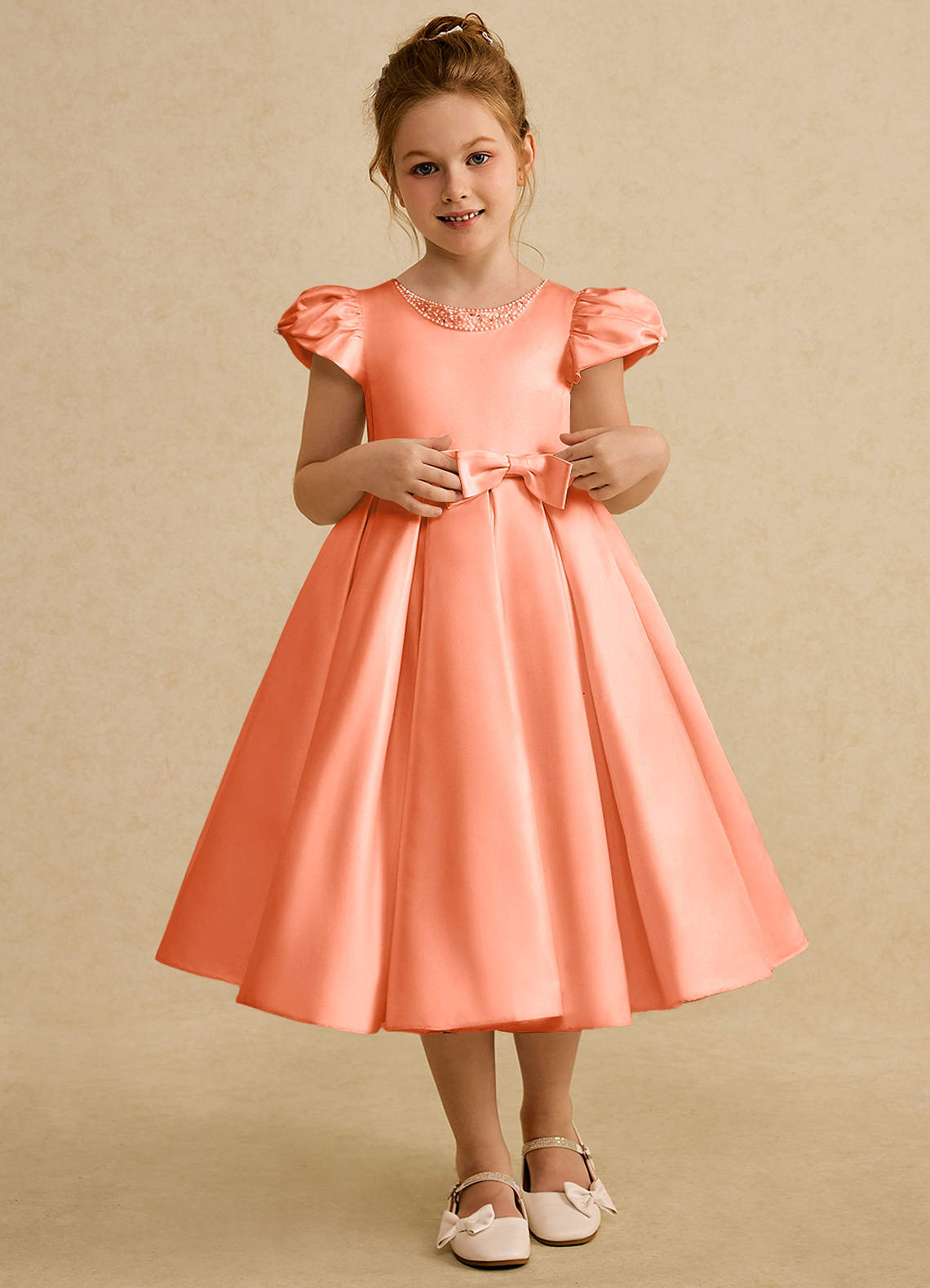 Azazie Pearl Flower Girl Dresses Sunset Ball-Gown Pleated Matte Satin Dress image1