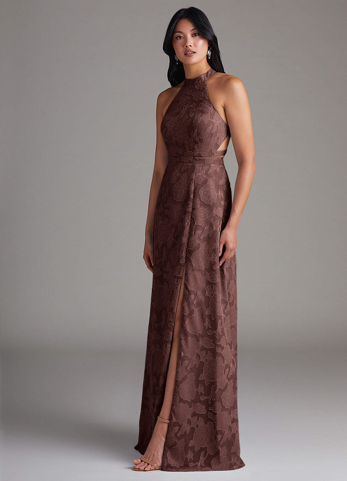 Azazie Clarice At-home Try On Dresses Butterscotch A-Line Side Slit Floral Burnout Dress image2