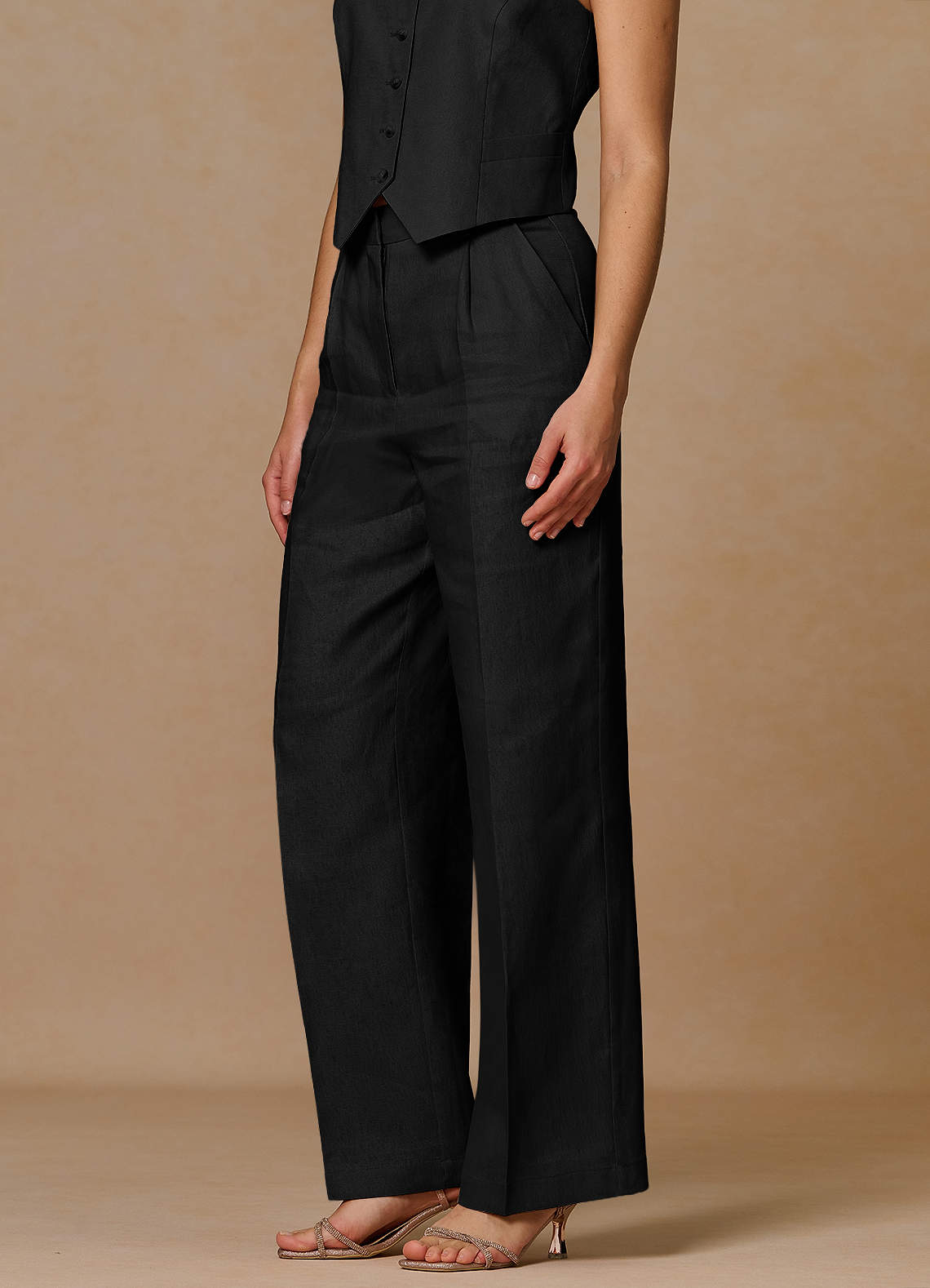 front Belicia Negro Pantalones 100% lino