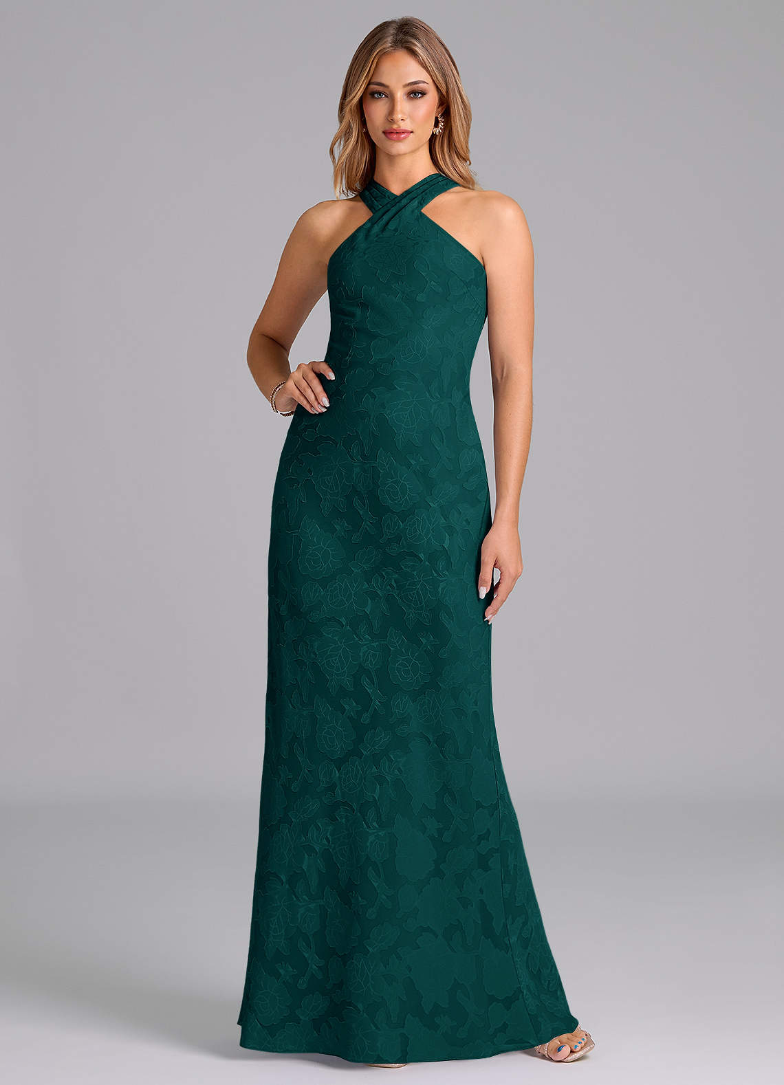 Azazie Doretta Bridesmaid Dresses Pine Mermaid Pleated Floral Burnout Dress image1