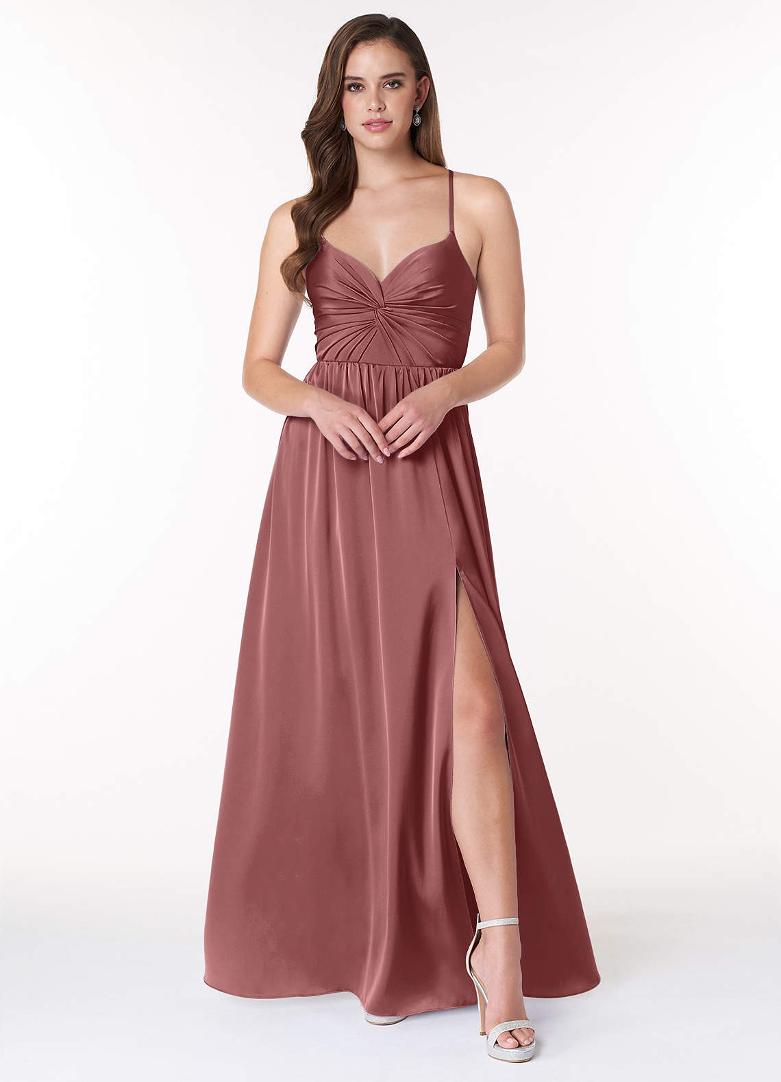 Azazie Raya Bridesmaid Dresses Amethyst A-Line V-Neck Pleated Stretch Satin Dress image1