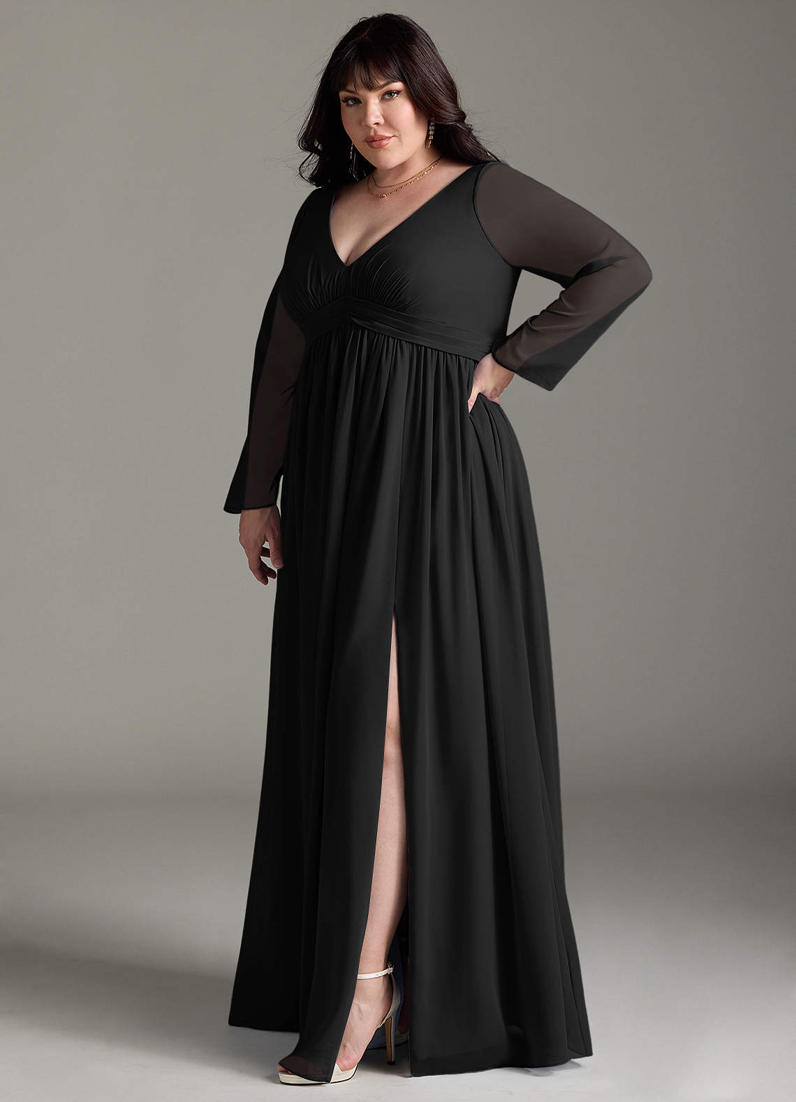 Azazie Teton Vestidos de dama de honra para maternidade Vestido Linha A Manga comprida Comprimento do chão Chiffon image9