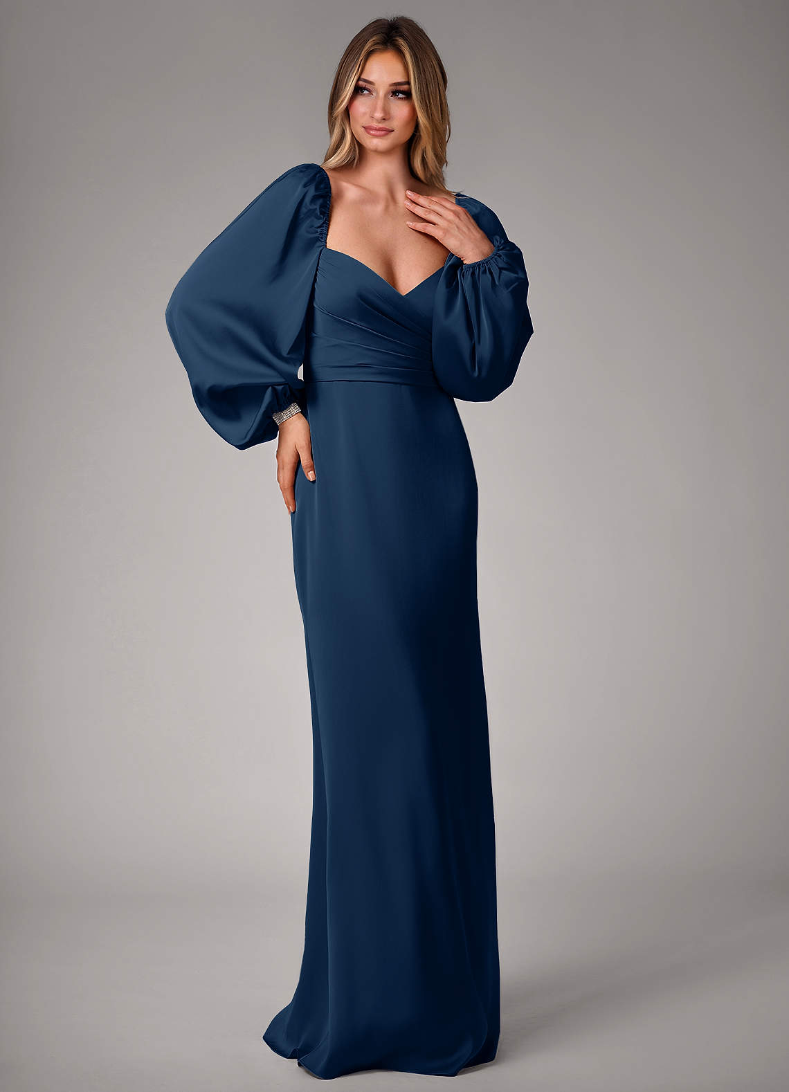 long sleeve satin blue dress Gia Chic A-Line Pleated Long Sleeves Satin Formal Dresses, Dusty Blue
