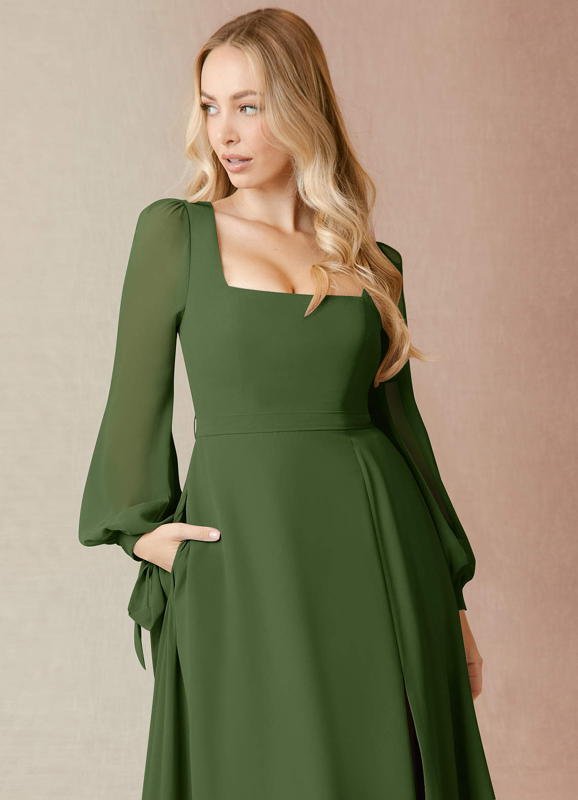 Azazie Leonia Bridesmaid Dresses Olive A-Line Long Sleeve Chiffon Dress image5