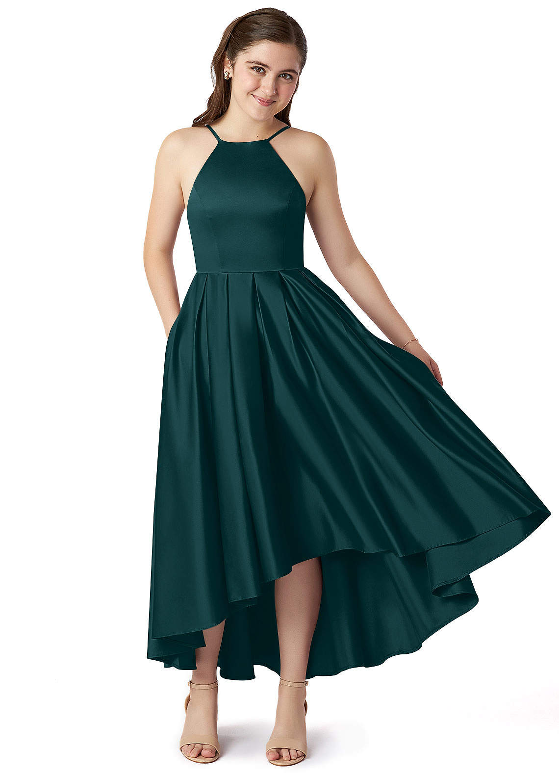 Azazie Jemima Junior A-Linie mit Taschen Stretch-Satin Kleid Kiefer image1