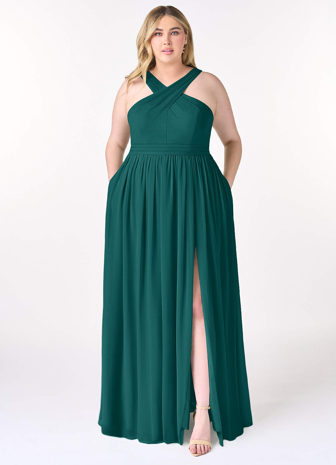 Azazie Elvira Bridesmaid Dresses Peacock A-Line Pleated Chiffon Dress image1