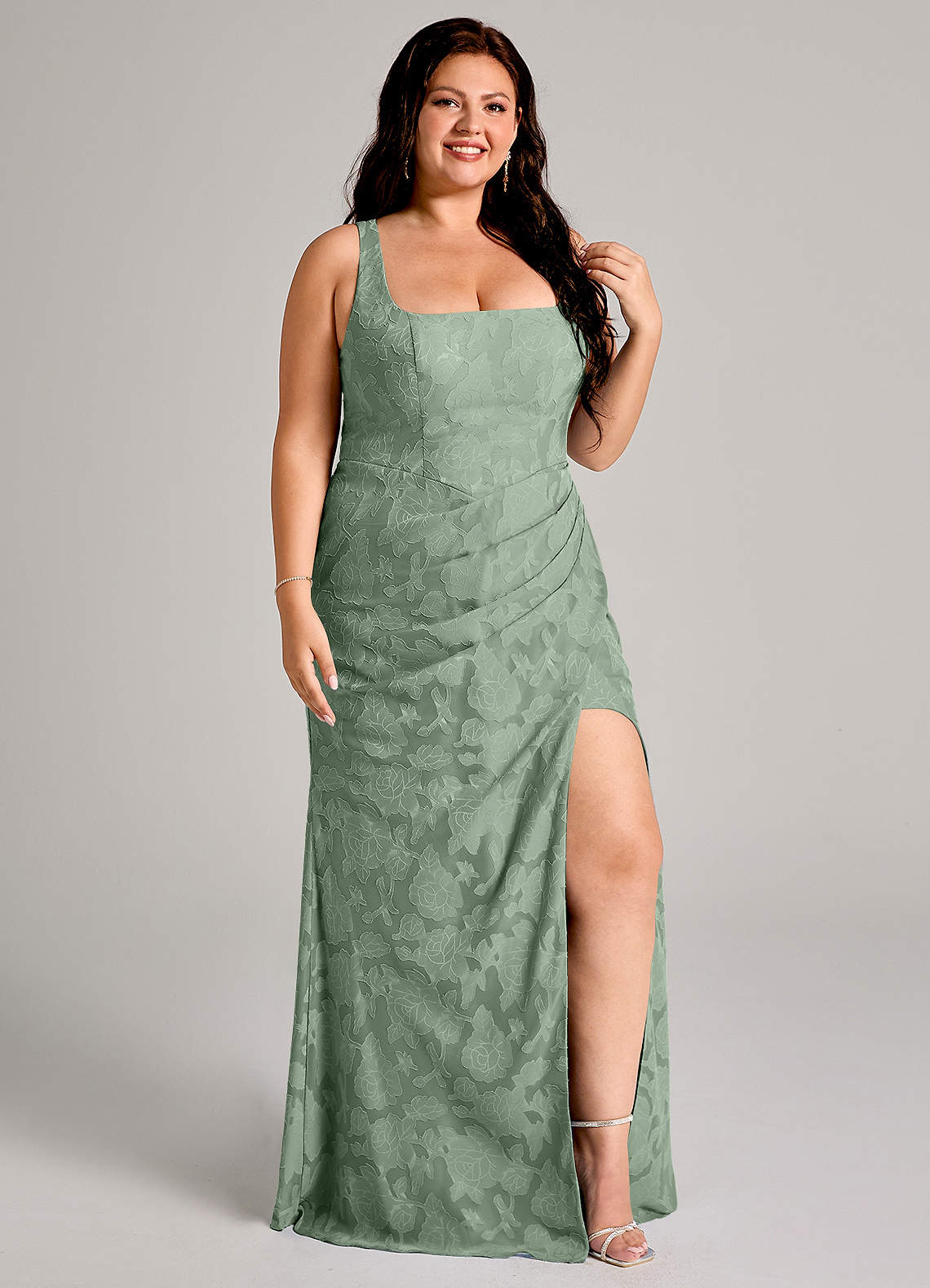 Azazie Mero Bridesmaid Dresses Matcha Sheath Pleated Floral Burnout Dress image9