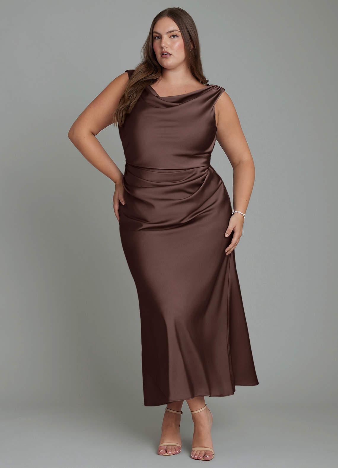 Azazie Kieryn Bridesmaid Dresses Ganache Mermaid Pleated Stretch Satin Dress image5