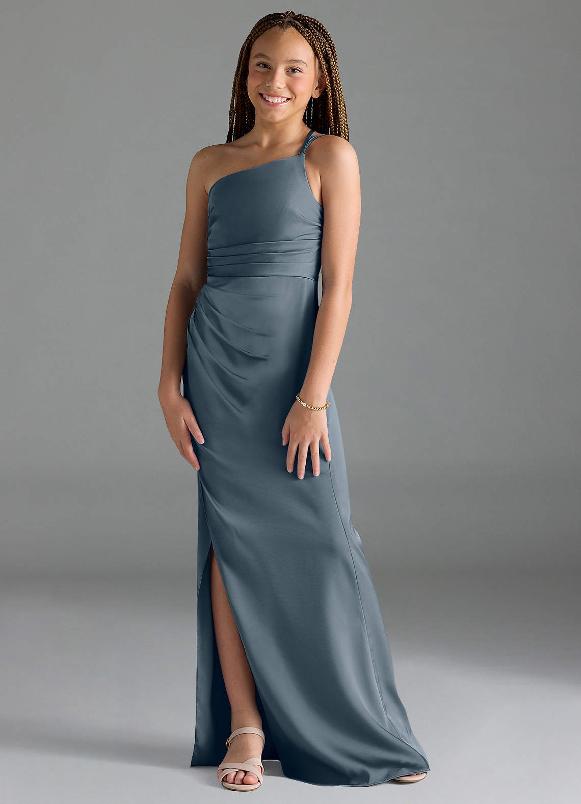 Azazie Eren Junior Twilight Sheath Pleated Stretch Satin Dress image1