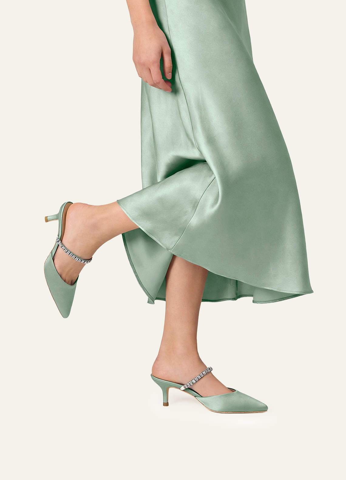 front Matching Color Stretch Satin Rhinestone Slip-on Kitten Heels