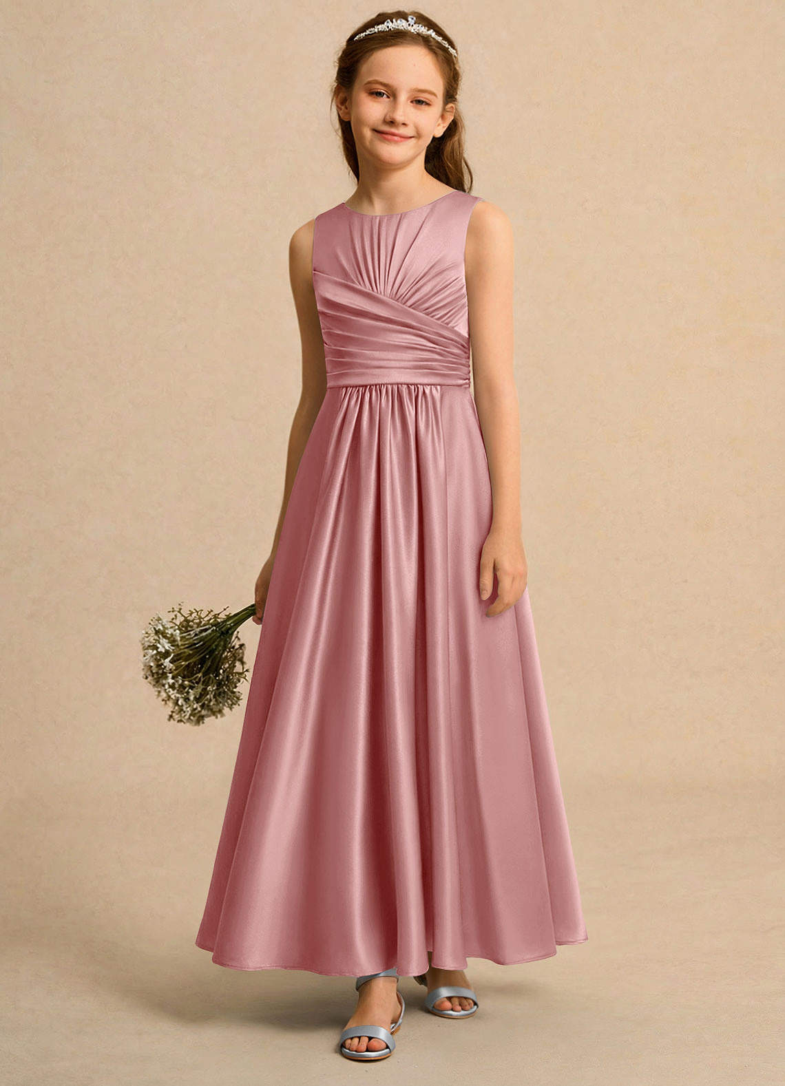 Azazie Ducky Girls Formal Sukienki dla dziewczynek sypiących kwiaty Linia A Pofałdowany Satyna elastyczna Długość kostki Sukienka image3