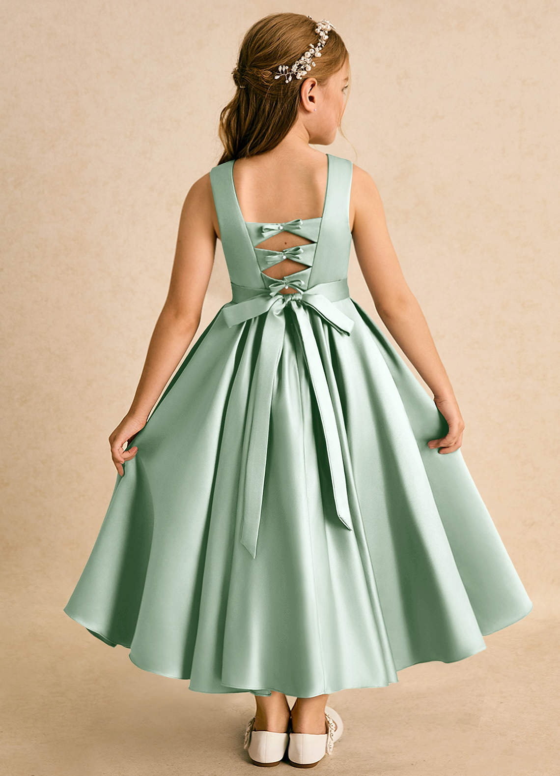 Azazie Junebuj vestidos de niña de las flores Vestido de Agave de Satin Mate de Princesa con Plisado image1