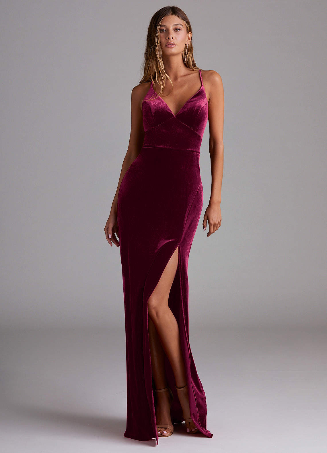 Azazie Becca Bridesmaid Dresses Cabernet Sheath Velvet Dress image1