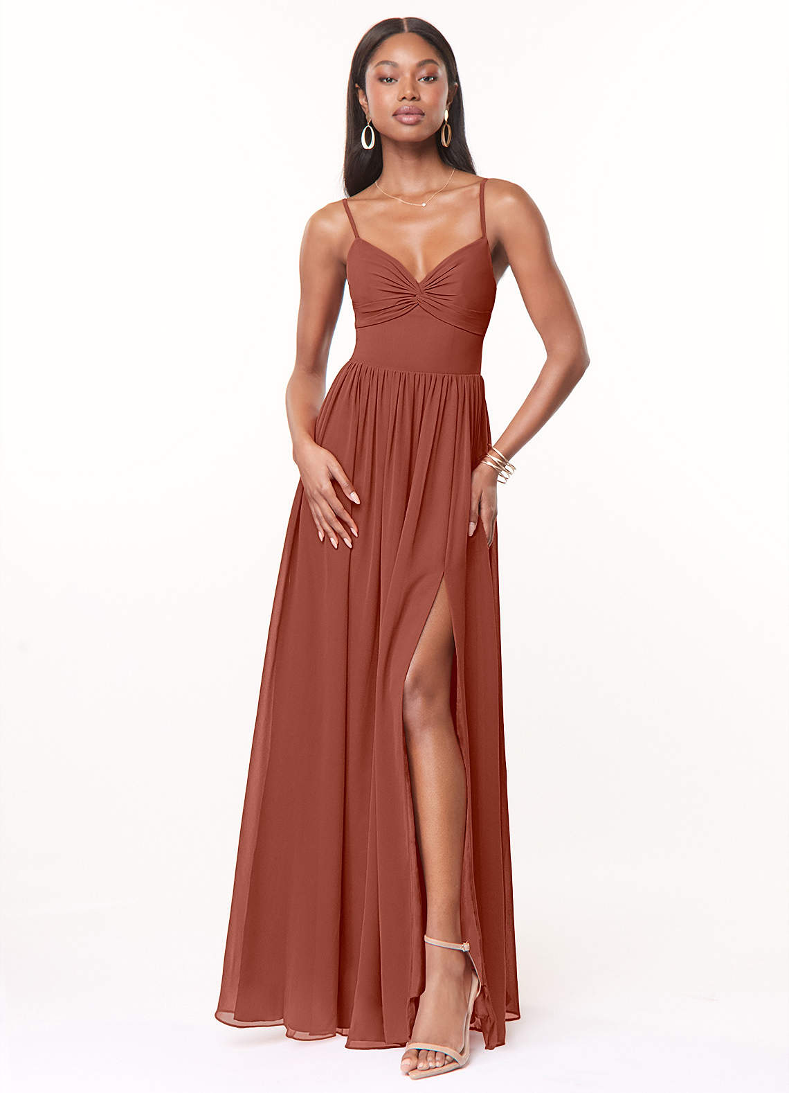 Azazie Zeya Bridesmaid Dresses Auburn A-Line V-Neck Pleated Chiffon Dress image1