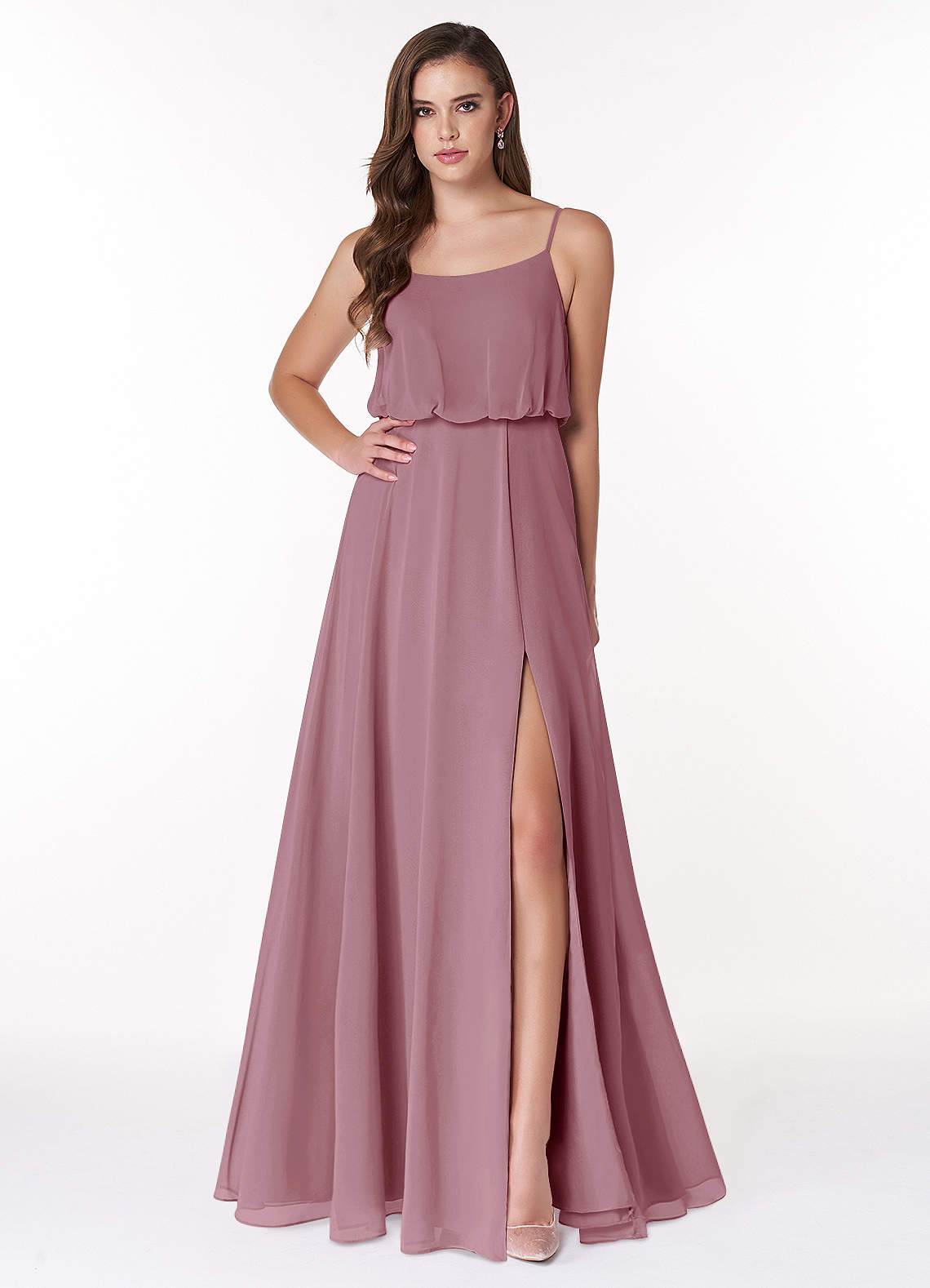 Azazie Lupe Bridesmaid Dresses Vintage Mauve A-Line Scoop Blouson Chiffon Dress image1