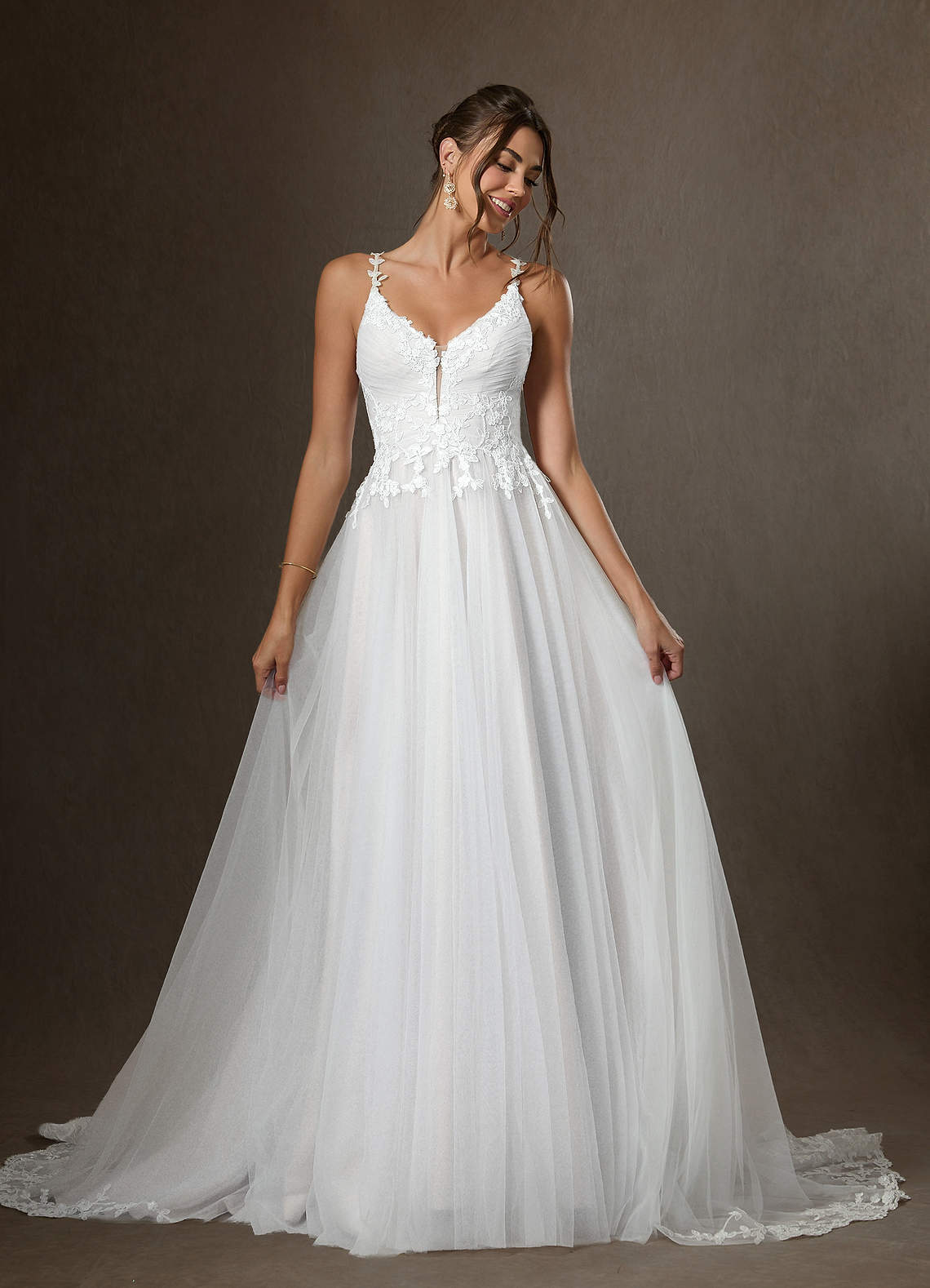 Azazie Devi Diamond White A-Line V-Neck Lace Tulle Dress | Azazie