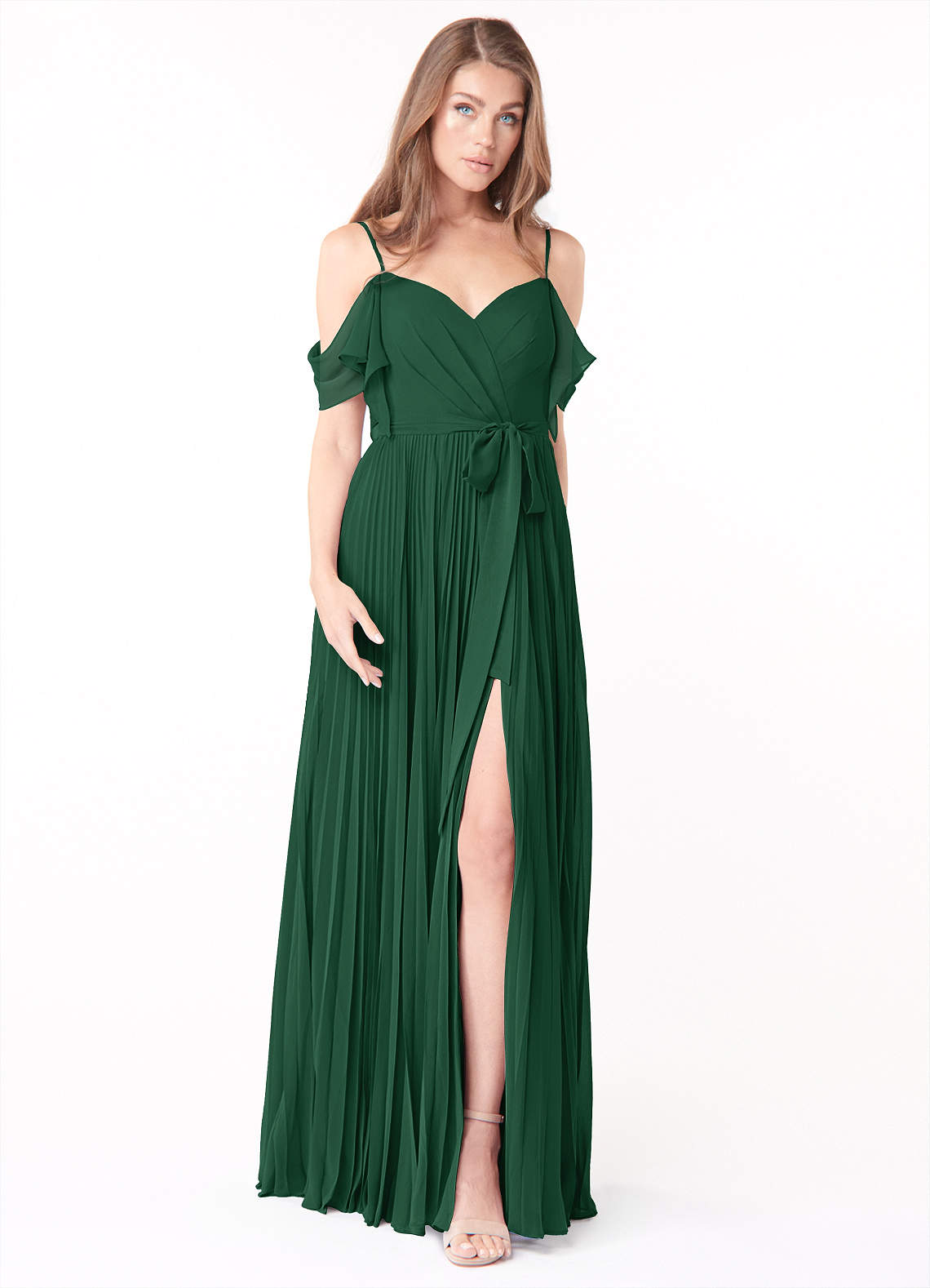 Azazie Lyney Bridesmaid Dresses Dark Green A-Line Off the Shoulder Chiffon Dress image1