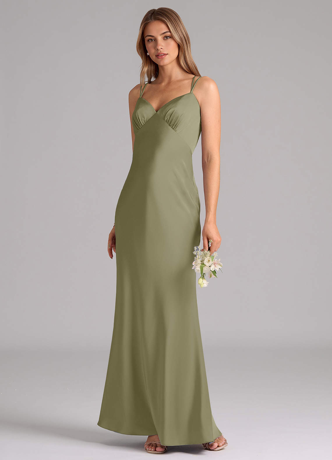 Azazie Suttona Vestidos de damas de honor Vestido de Pistacho de Satén Elástico de Corte en A con Plisado image3
