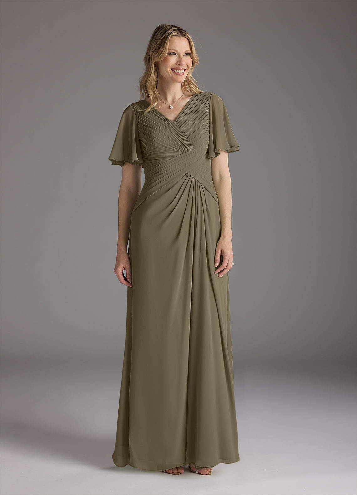 Azazie Morning Glory vestidos de madre de la novia Vestido de Verde Sauce de Gasa de Corte en A con Cuello en V fruncido image1