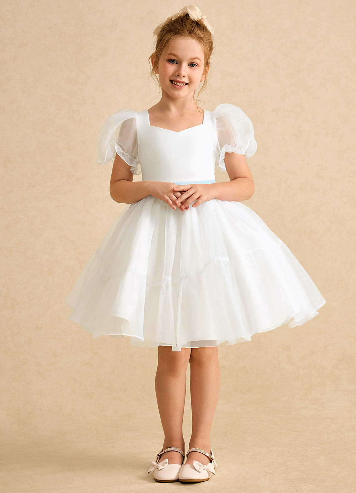 Azazie Debbie vestidos de niña de las flores Vestido de Marfil Azul Cielo de Organza de Princesa con Escote de Corazón image6