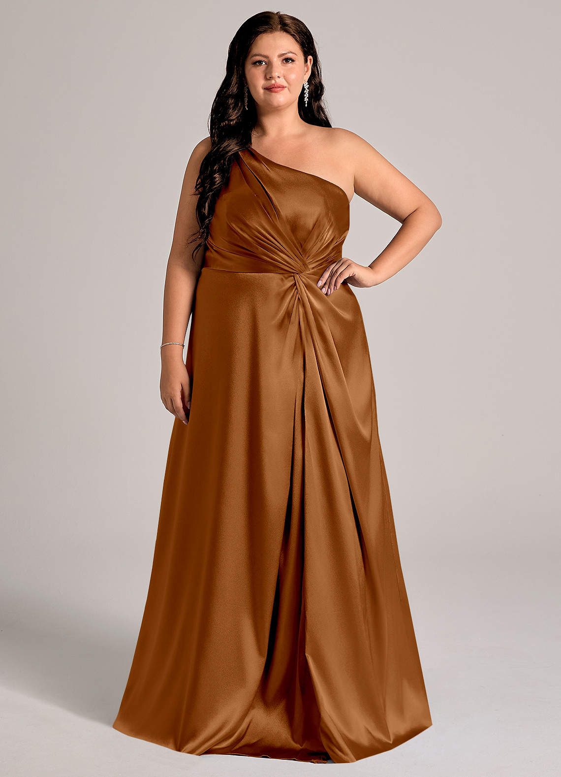 Azazie Brooke Bridesmaid Dresses Copper A-Line One Shoulder Metallic Satin Dress image1