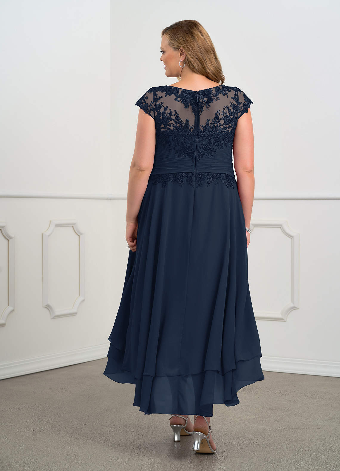 Dark Navy Azazie Shonda Boatneck Pleated Lace Chiffon Asymmetrical ...