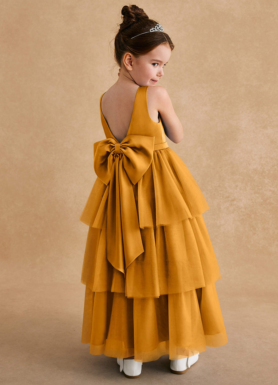 Azazie Megallie Flower Girl Dresses Butterscotch A-Line Bow Tulle Dress image1