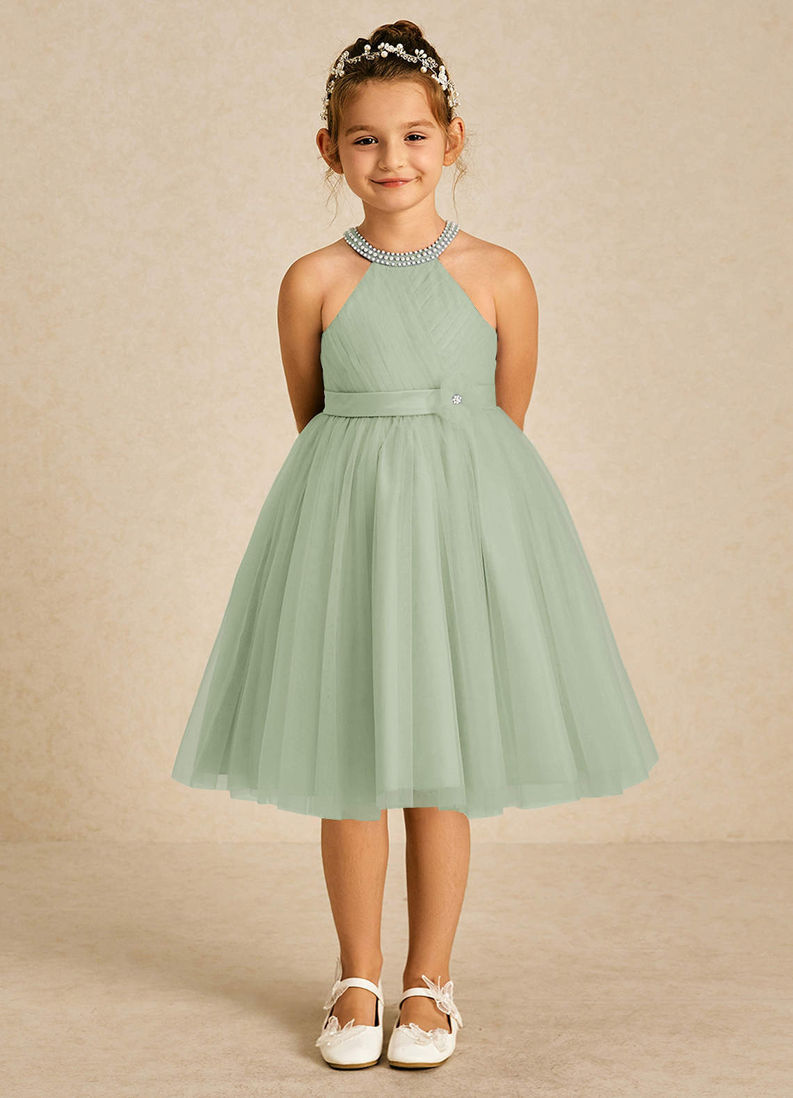 Azazie Honey vestidos de niña de las flores Vestido de Salvia Polvorienta de Satin Mate de Corte En A con Perla image1