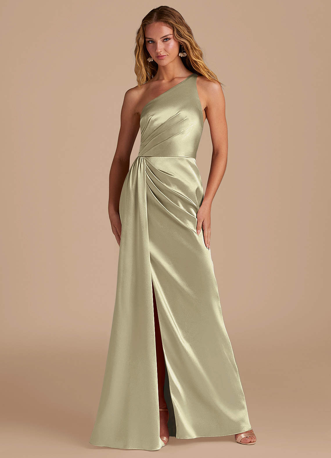Azazie Mika Bridesmaid Dresses Moss Green Sheath One Shoulder Metallic Satin Dress image1