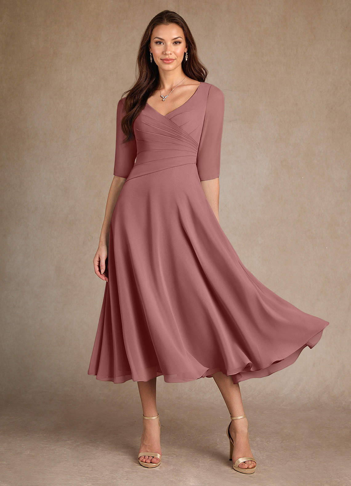 Azazie Durant vestidos de madre de la novia Vestido de Rosa Del Desierto de Gasa de Corte En A con Plisado image1