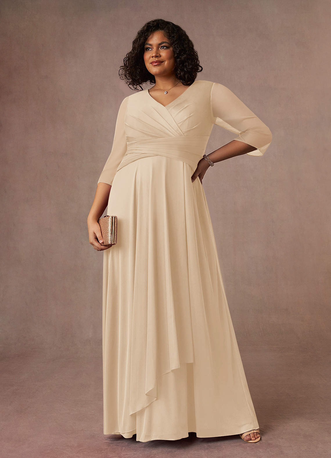 Azazie Annetta Mother of the Bride Dresses Champagne A-Line V-Neck Pleated Mesh Dress image6