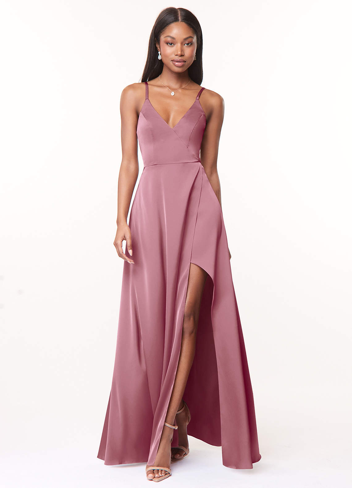 Azazie Maksim Bridesmaid Dresses Vintage Mauve A-Line V-Neck Stretch Satin Dress image1