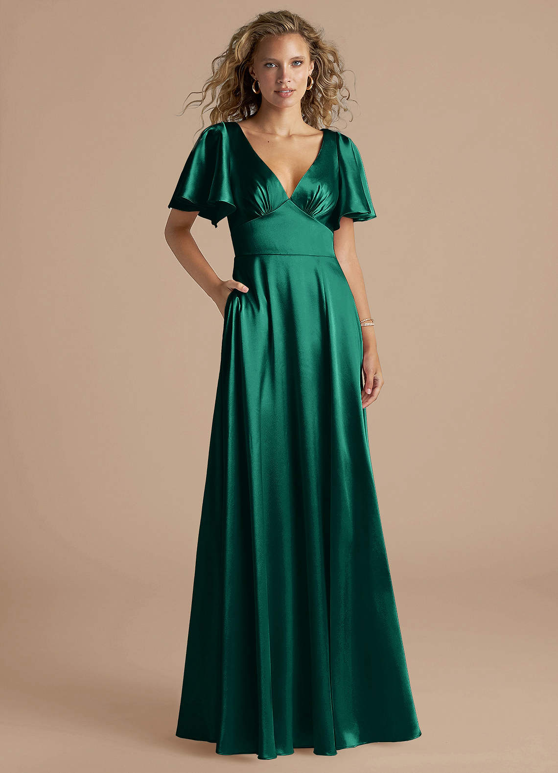 Azazie Kimber Bridesmaid Dresses Emerald A-Line Ruched Metallic Satin Dress image1