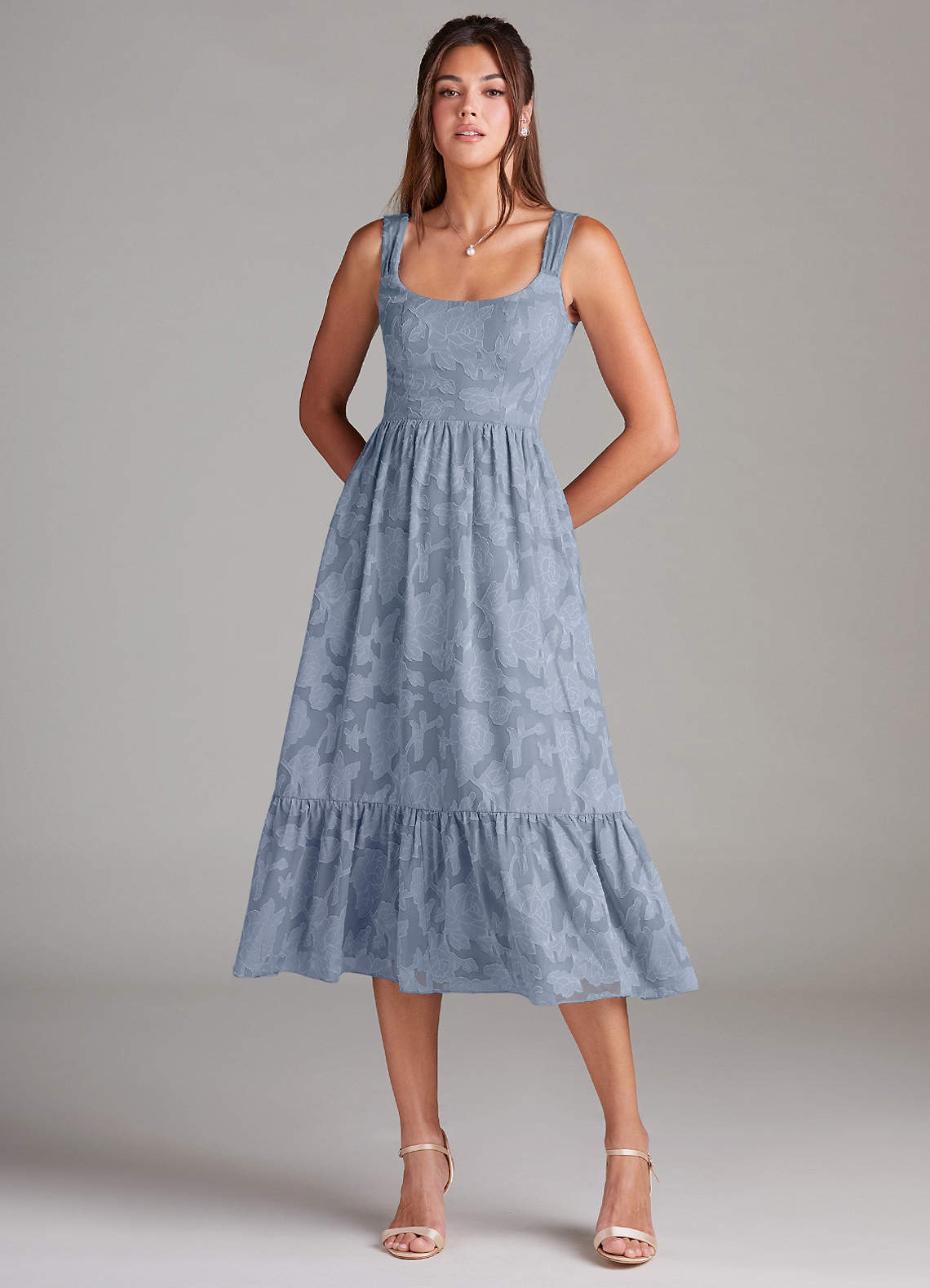 Azazie Alissa Bridesmaid Dresses Dusty Blue A-Line with Pockets Floral Burnout Dress image2