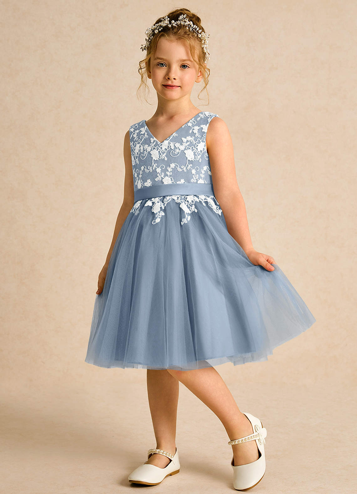Azazie Butterfly Flower Girl Dresses Dusty Blue A-Line Lace Dress image3