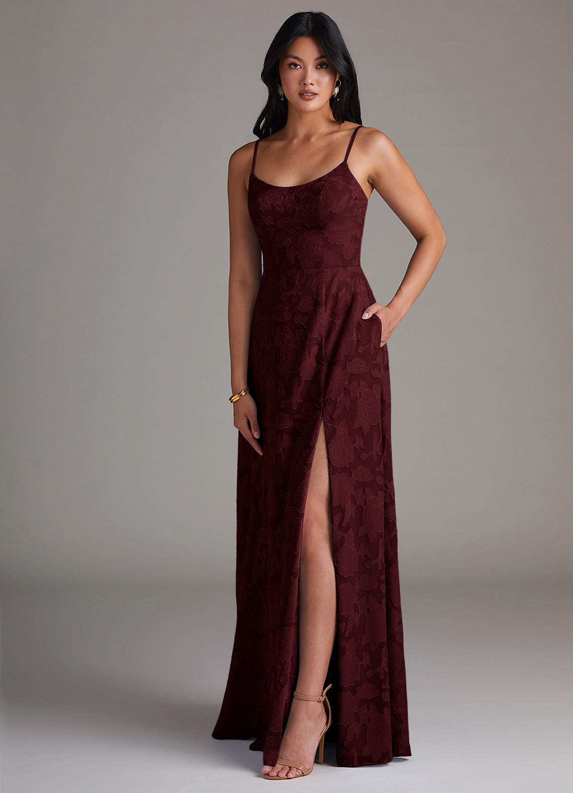 Azazie Moira Bridesmaid Dresses Cabernet A-Line Side Slit Floral Burnout Dress image2