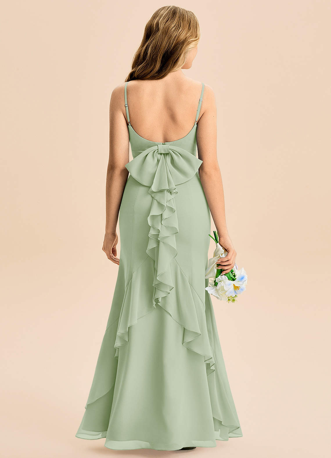 Azazie Lioren Junior Robe Sirène en Mousseline de soie Arc Vert Sauge image4