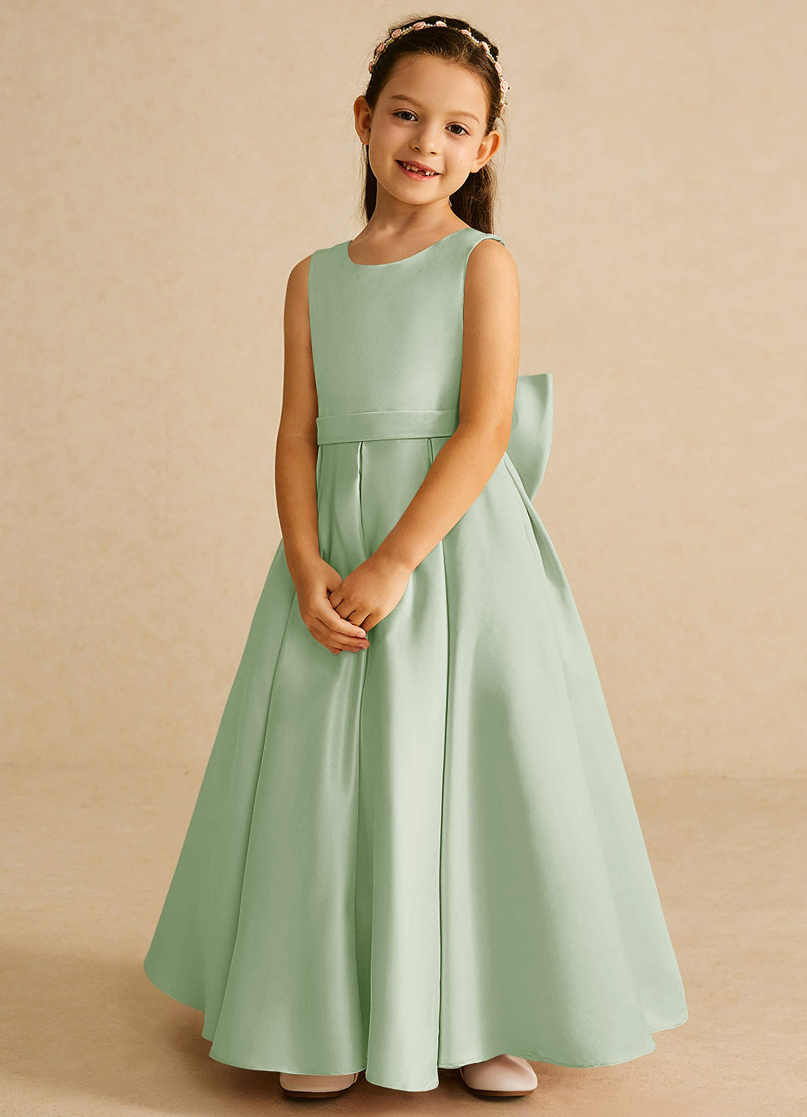 Azazie Pipsy Flower Girl Dresses Dusty Sage A-Line Bow Matte Satin Dress image3