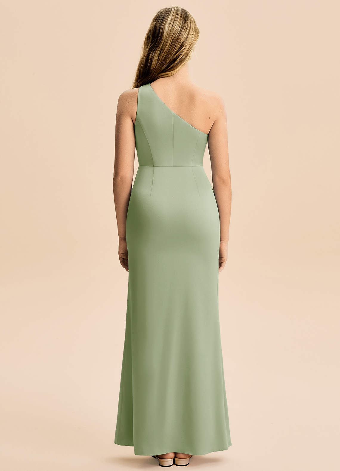 Azazie Akilah Junior Vestido Dusty Sage de Cetim elástico de Bainha com Plissado image5