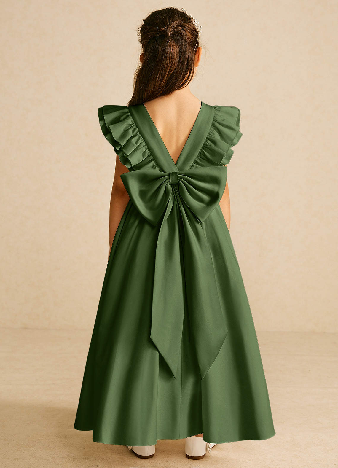 Azazie Piglette Flower Girl Dresses Olive A-Line Bow Matte Satin Dress image1