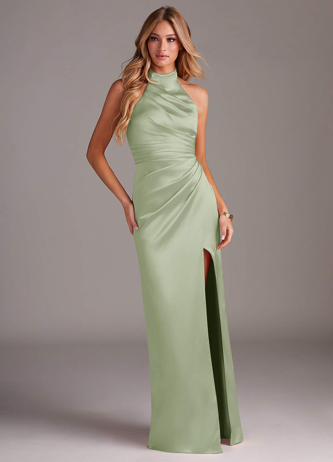 Azazie Jemma Brautjungfernkleider Etui Plissee Stretch-Satin Kleid Staubiger Salbeigrün image2