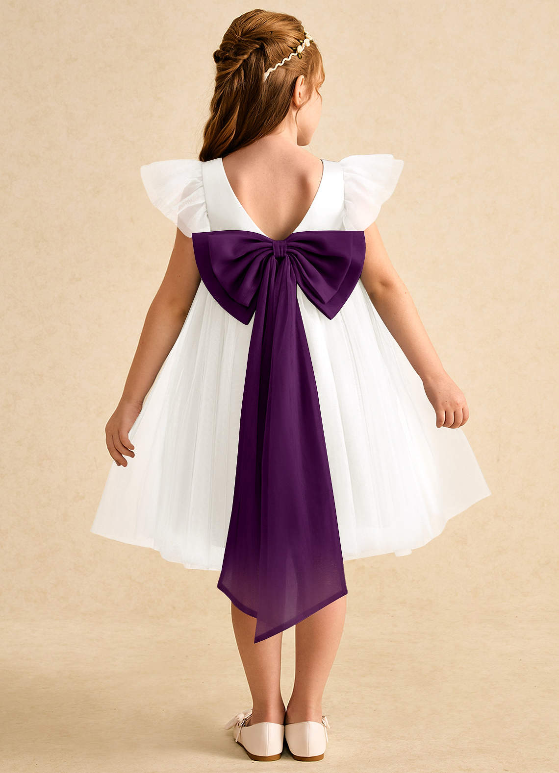 Azazie Munchkin Flower Girl Dresses Ivory Grape A-Line Bow Tulle Dress image1