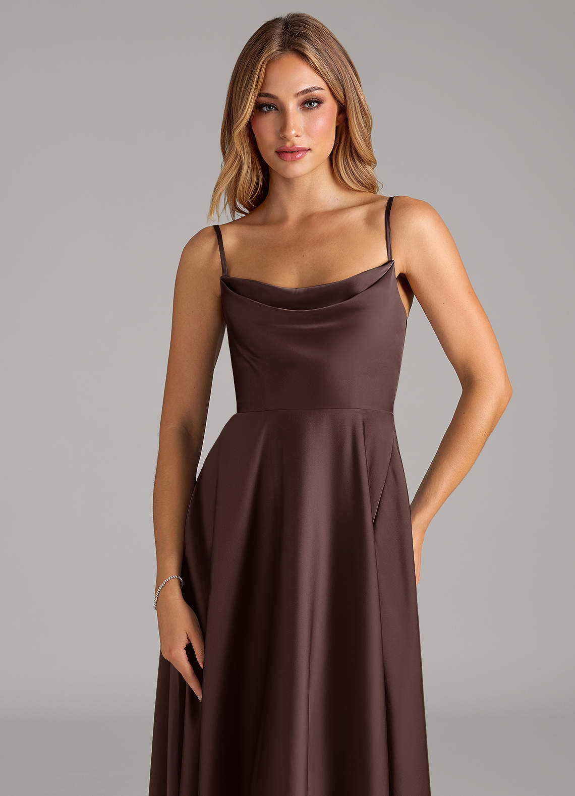 Azazie Elle Bridesmaid Dresses Ganache A-Line Pleated Stretch Satin Dress image1