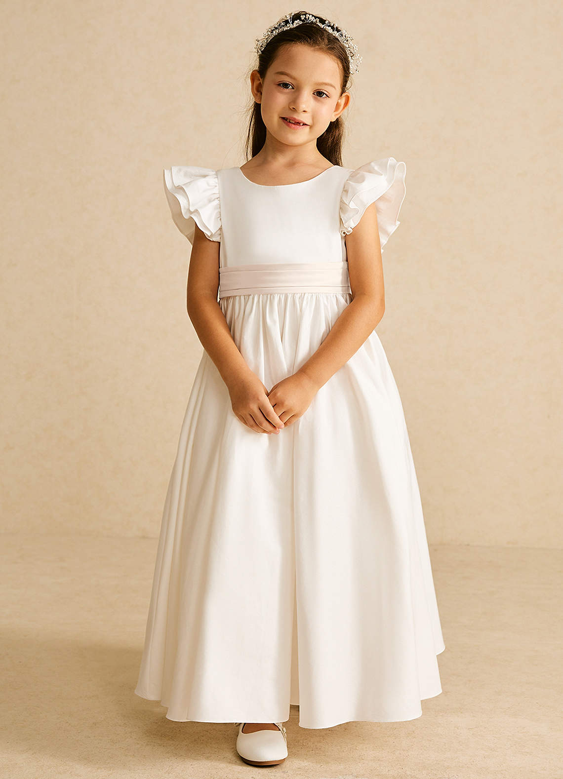 Azazie Aero Flower Girl Dresses Ivory White Alabaster A-Line Pleated Cotton Dress image3