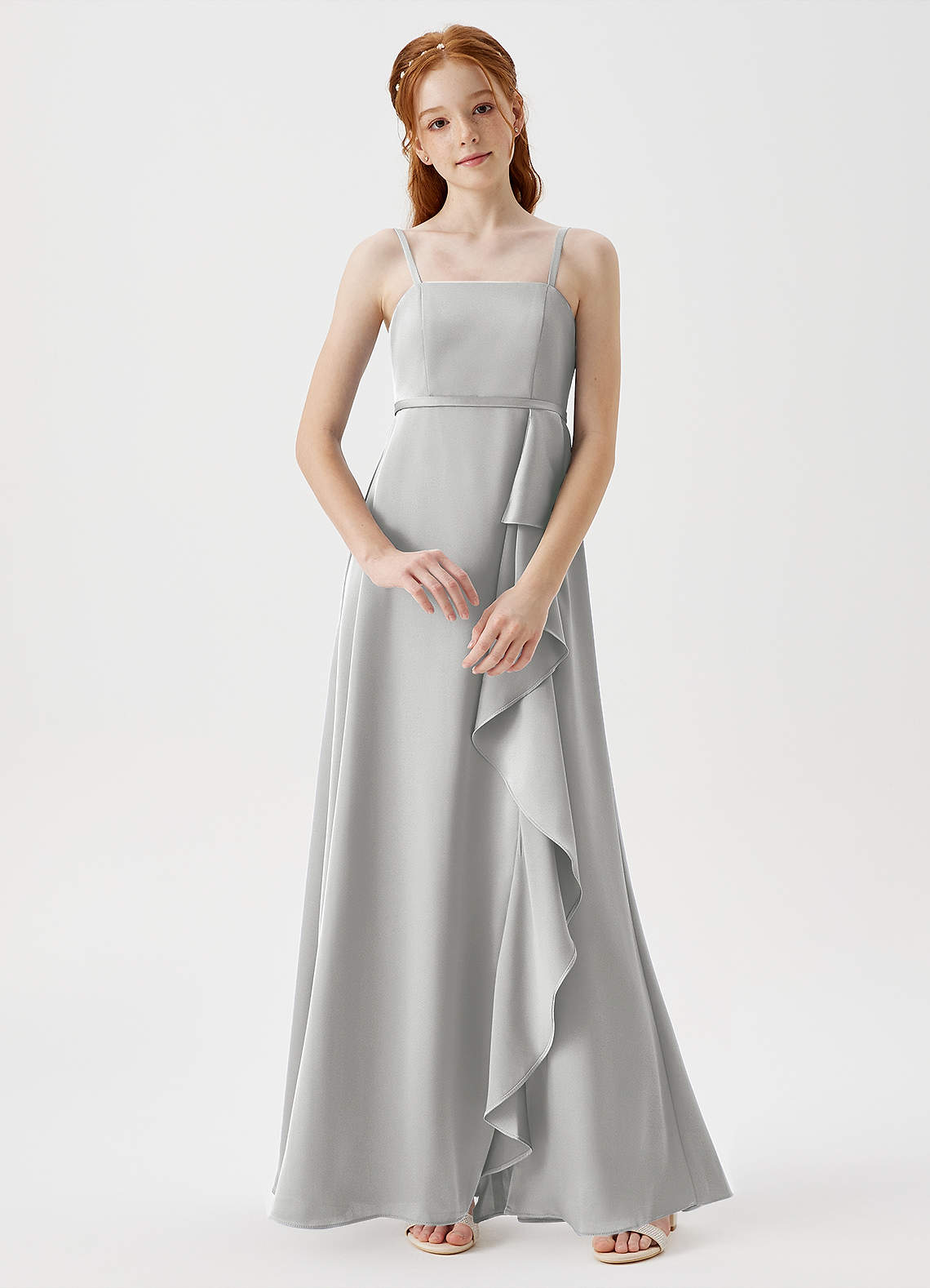 Azazie Kaylee Junior Silver A-Line with Belt Stretch Satin Dress image1
