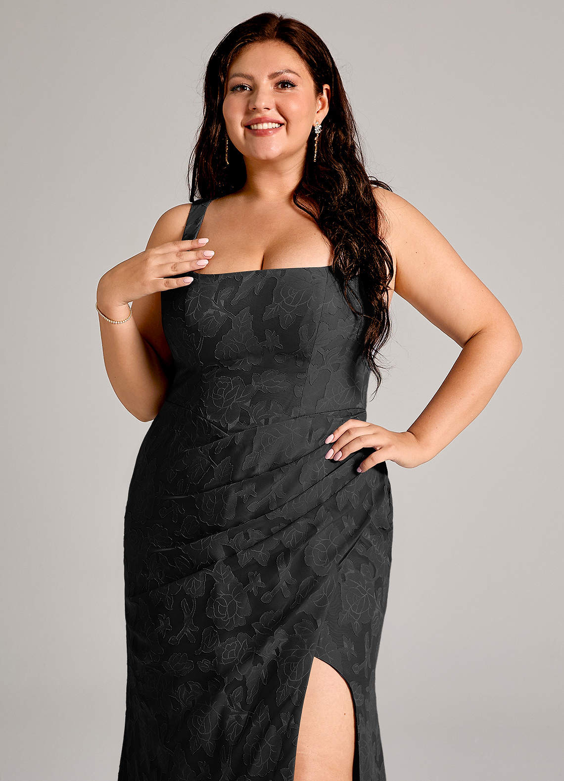 Azazie Mero Bridesmaid Dresses Black Sheath Pleated Floral Burnout Dress image10