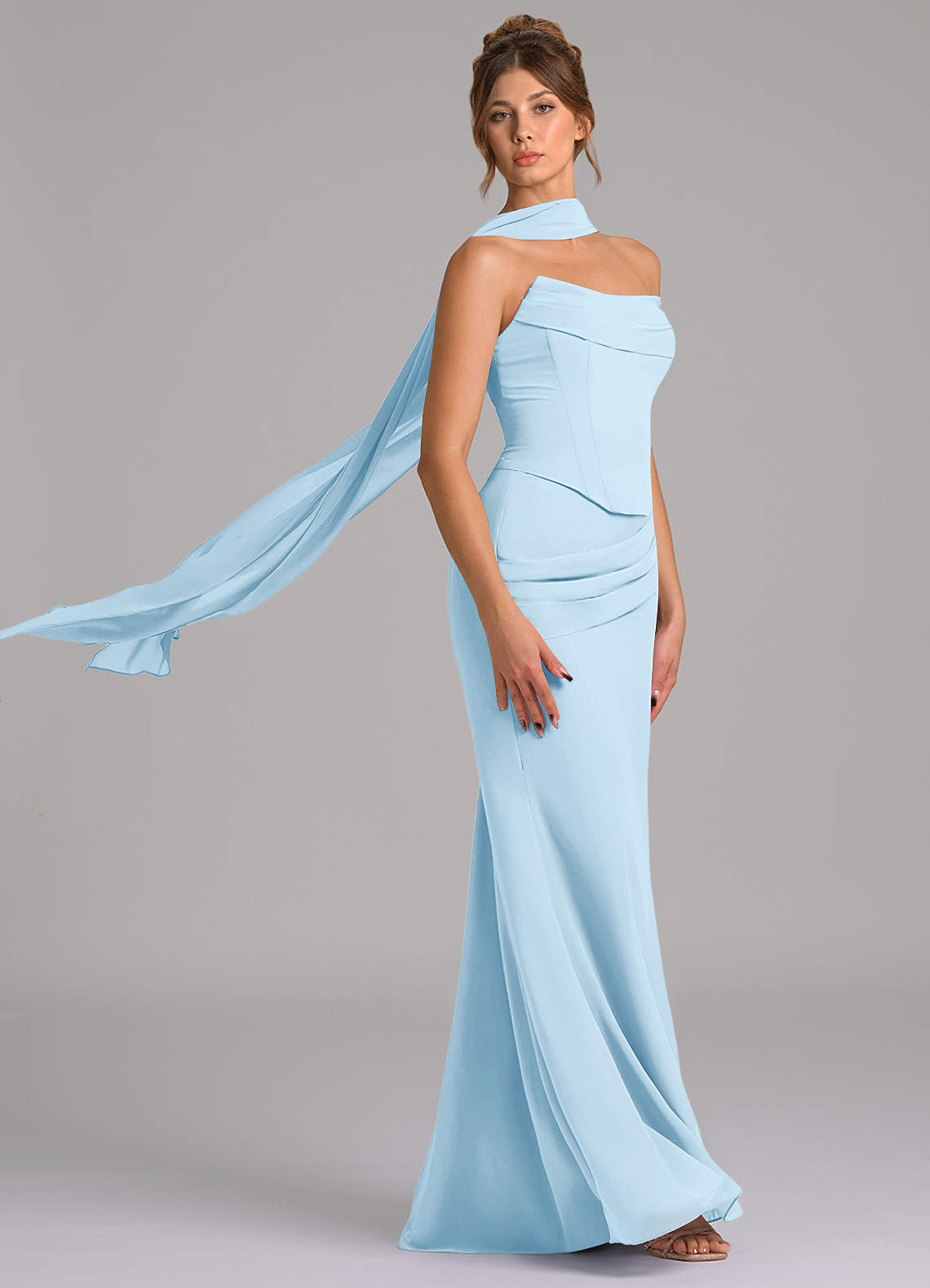 Azazie Sorrel Vestidos de damas de honor Vestido de Azul Cielo de Gasa de Corte Sirena con Corsé image2