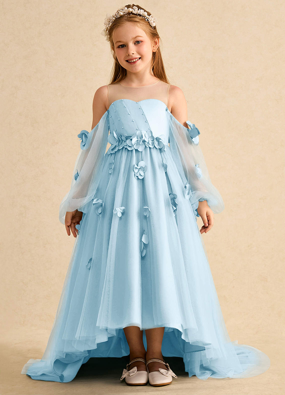 Azazie Karrie Abiti da Ragazza di Fiori Abito A-Line in Tulle Con Maniche Azzurro image1